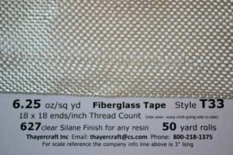 6.25 oz/sq yd Style T33 fiberglass tape 4" wide from Thayercraft