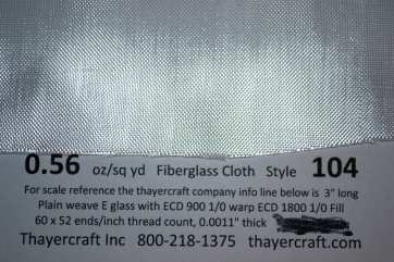 10 yard roll Half ounce FIBERGLASS CLOTH 104 38" wide Thayercraft 104-38-643-10 