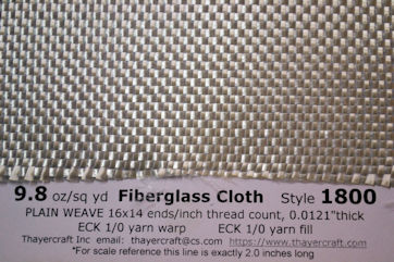 Close up of style 1800, 9.8 oz/sq yd fiberglass cloth with construction data
