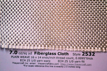 Style 2532, 7 oz/sq yd fiberglass cloth close up with construction data 