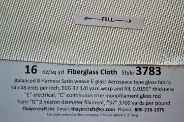 Style 3783 8hs fiberglass cloth close up with Construction data from Thayercraft