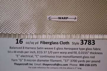 Style 3783 8hs fiberglass cloth const data showing edge from Thayercraft