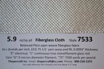 Style 7533 5.9 oz/sq yd Fiberglass Cloth Twist Weave close up with data