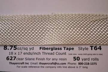 T64 8.75 oz/sq yd Fiberglass Tape close up with data from Thayercraft